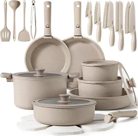 CAROTE 33pcs Pots and Pans Set Non Stick, Cookware Set, Removable Handle Pots and Pans Nonstick, RV Oven Safe Cookware, Induction Kitchen Cookware Set, Knife Set, Taupe