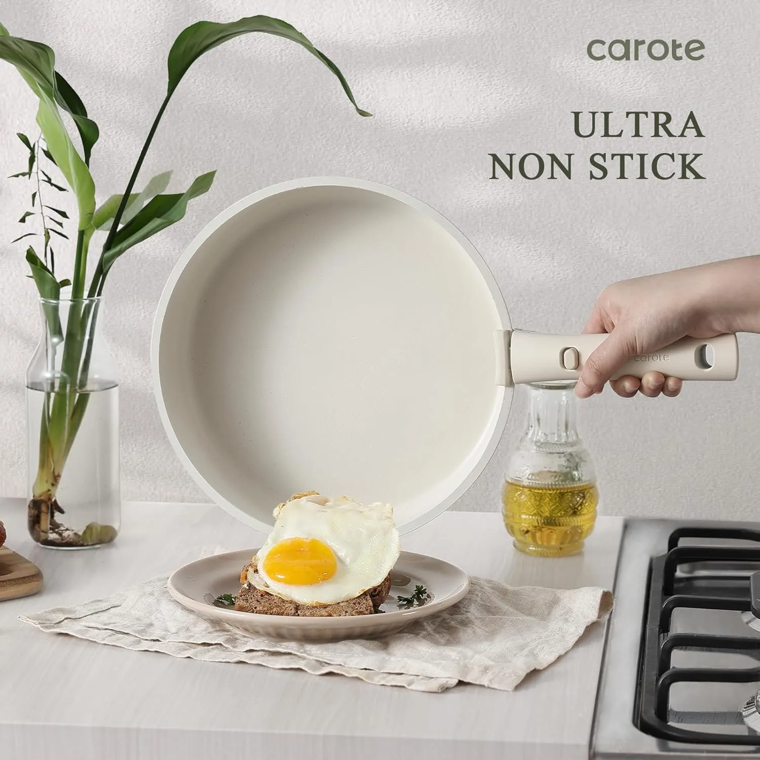 CAROTE Pots and Pans Set Non Stick, Cookware Sets, 18pcs Kitchen Set, Oven/Fridge Safe, Space Saving Pots Set, Nonstick Set with Versatile Removable/Detachable Handle, Induction RV Set, Cream White