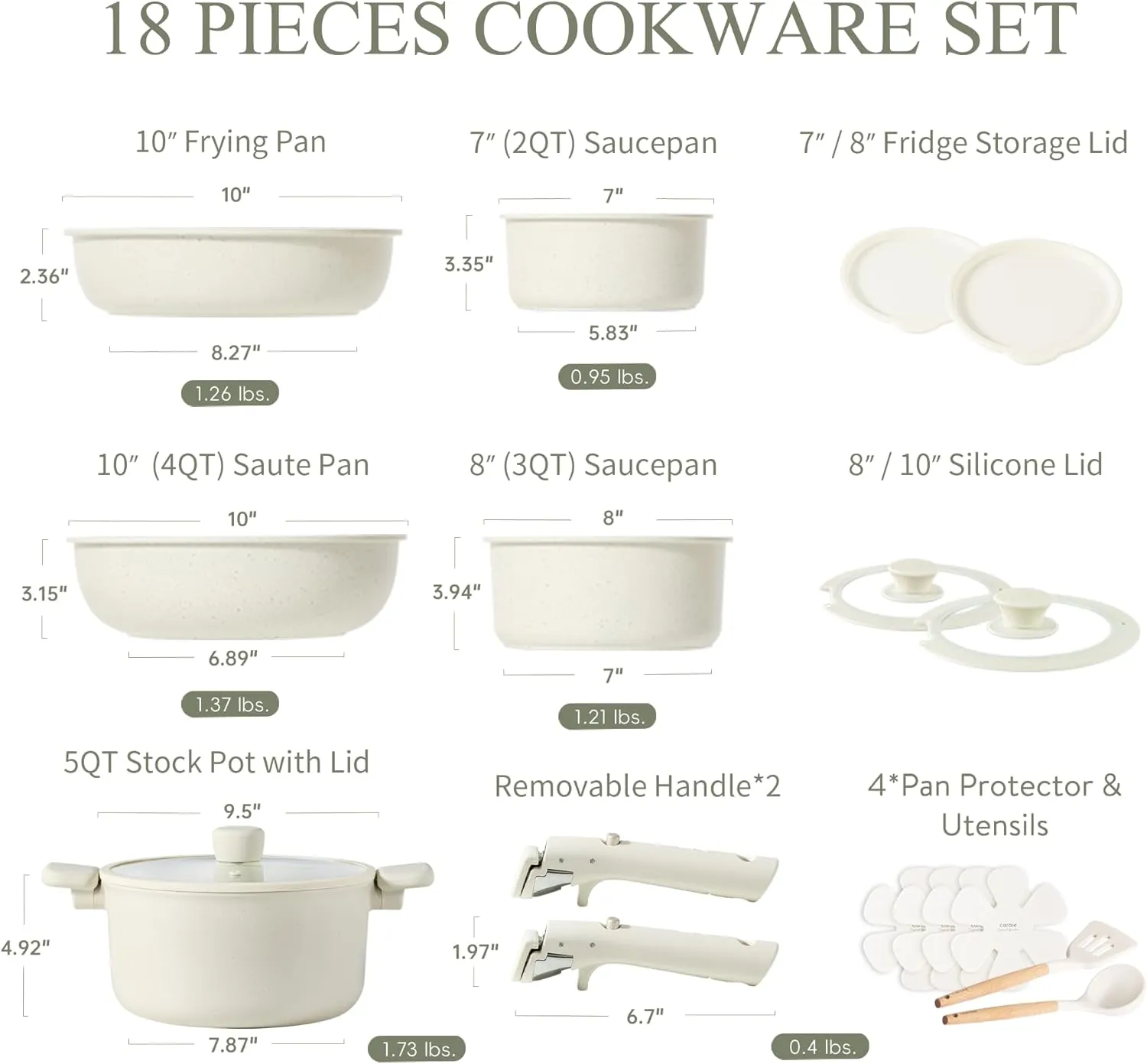 CAROTE Pots and Pans Set Non Stick, Cookware Sets, 18pcs Kitchen Set, Oven/Fridge Safe, Space Saving Pots Set, Nonstick Set with Versatile Removable/Detachable Handle, Induction RV Set, Cream White
