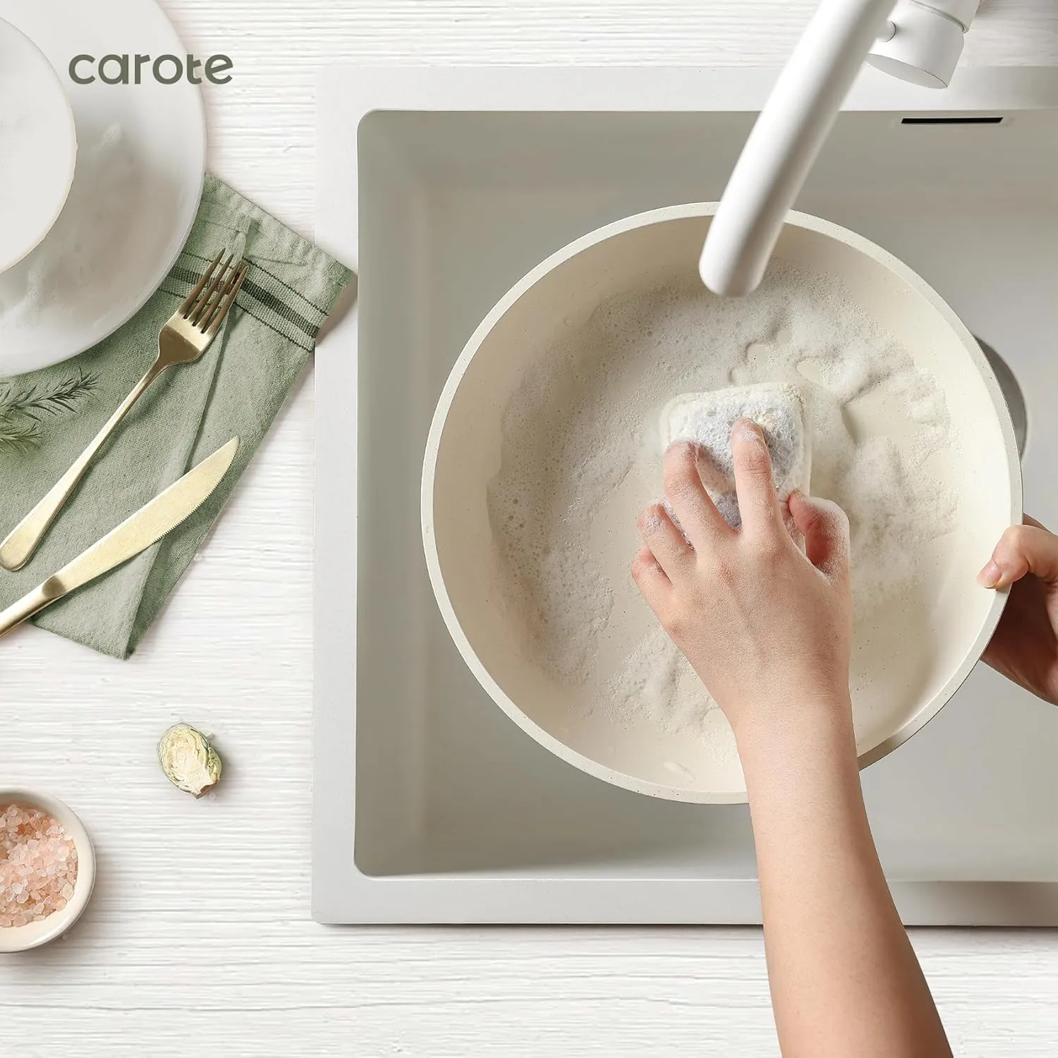 CAROTE Pots and Pans Set Non Stick, Cookware Sets, 18pcs Kitchen Set, Oven/Fridge Safe, Space Saving Pots Set, Nonstick Set with Versatile Removable/Detachable Handle, Induction RV Set, Cream White
