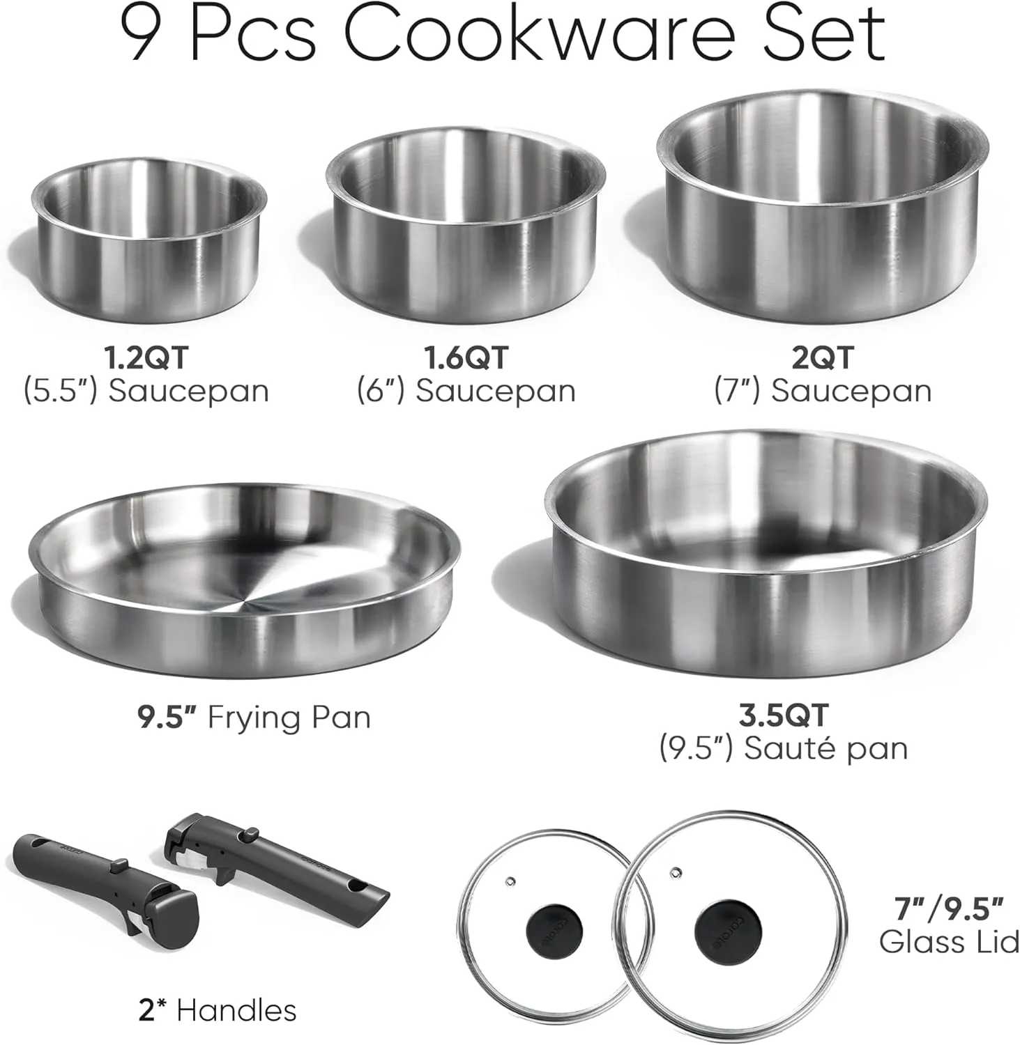 CAROTE Pots and Pans Set, Stainless Steel Cookware Set Detachable Handle, 9pcs Induction Kitchen Cookware Sets with Removable Handle, RV Cookware Set, Oven Safe