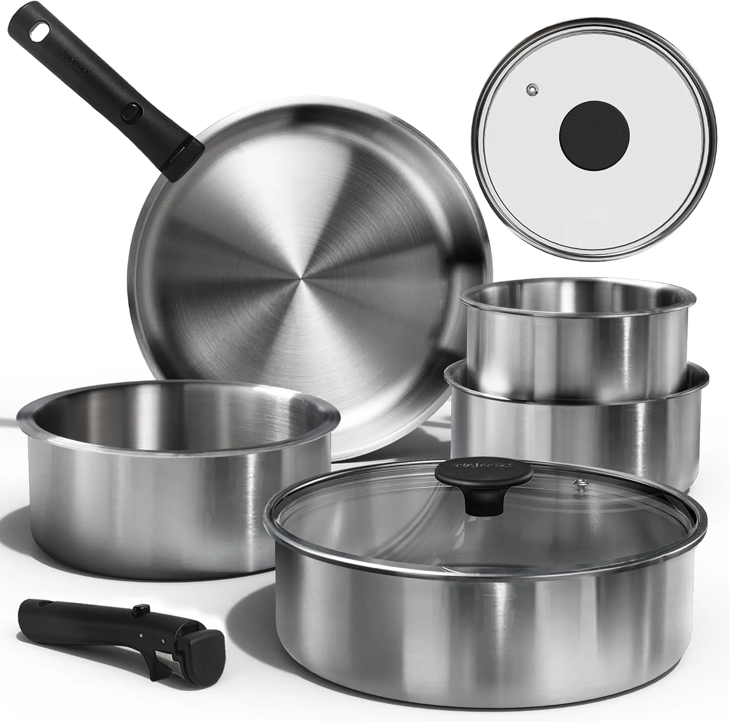CAROTE Pots and Pans Set, Stainless Steel Cookware Set Detachable Handle, 9pcs Induction Kitchen Cookware Sets with Removable Handle, RV Cookware Set, Oven Safe