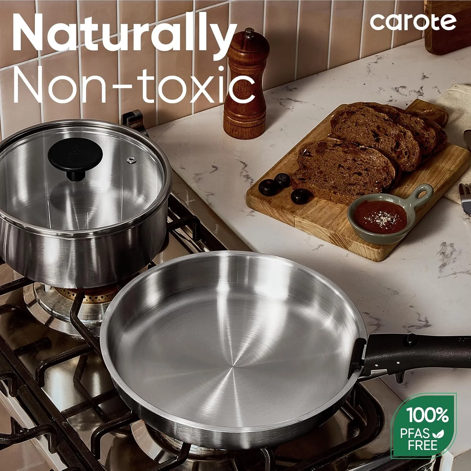 CAROTE Pots and Pans Set, Stainless Steel Cookware Set Detachable Handle, 9pcs Induction Kitchen Cookware Sets with Removable Handle, RV Cookware Set, Oven Safe