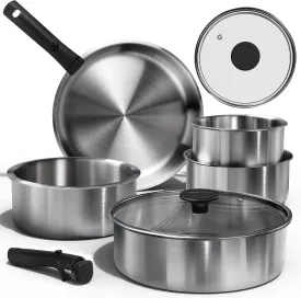 CAROTE Pots and Pans Set, Stainless Steel Cookware Set Detachable Handle, 9pcs Induction Kitchen Cookware Sets with Removable Handle, RV Cookware Set, Oven Safe