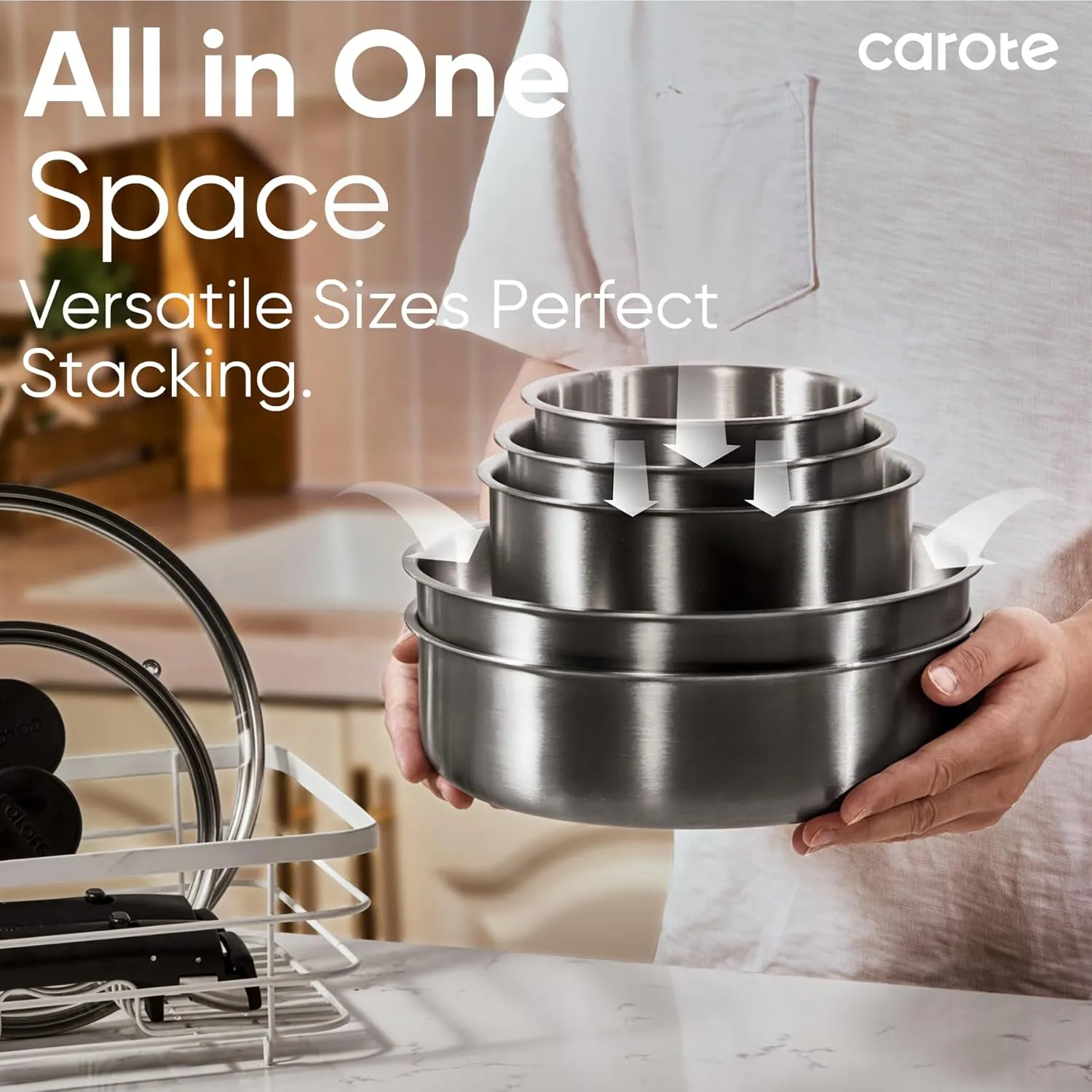CAROTE Pots and Pans Set, Stainless Steel Cookware Set Detachable Handle, 9pcs Induction Kitchen Cookware Sets with Removable Handle, RV Cookware Set, Oven Safe