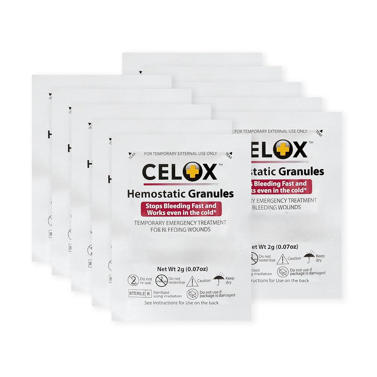 Celoxs Granular Hemostat First Aid Blood Clotting Powder for Wound Care, Camping Safety, and Quick Clot Solution for Moderate to Severe Bleeding, Aid to Stop Bleeding Products 10 Count ILIOS Packaged