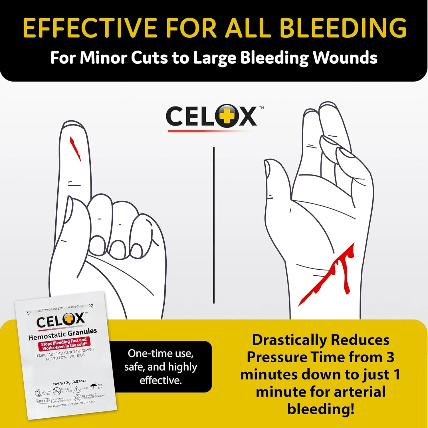 Celoxs Granular Hemostat First Aid Blood Clotting Powder for Wound Care, Camping Safety, and Quick Clot Solution for Moderate to Severe Bleeding, Aid to Stop Bleeding Products 10 Count ILIOS Packaged