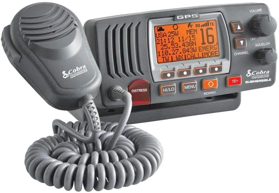 Cobra MR F77B GPS Fixed Mount VHF Marine Radio  25 Watt VHF, Built-In GPS Receiver, Submersible, LCD Display, Noise Cancelling Mic, NOAA Weather, Signal Strength Meter, Scan Channels, Black/Grey