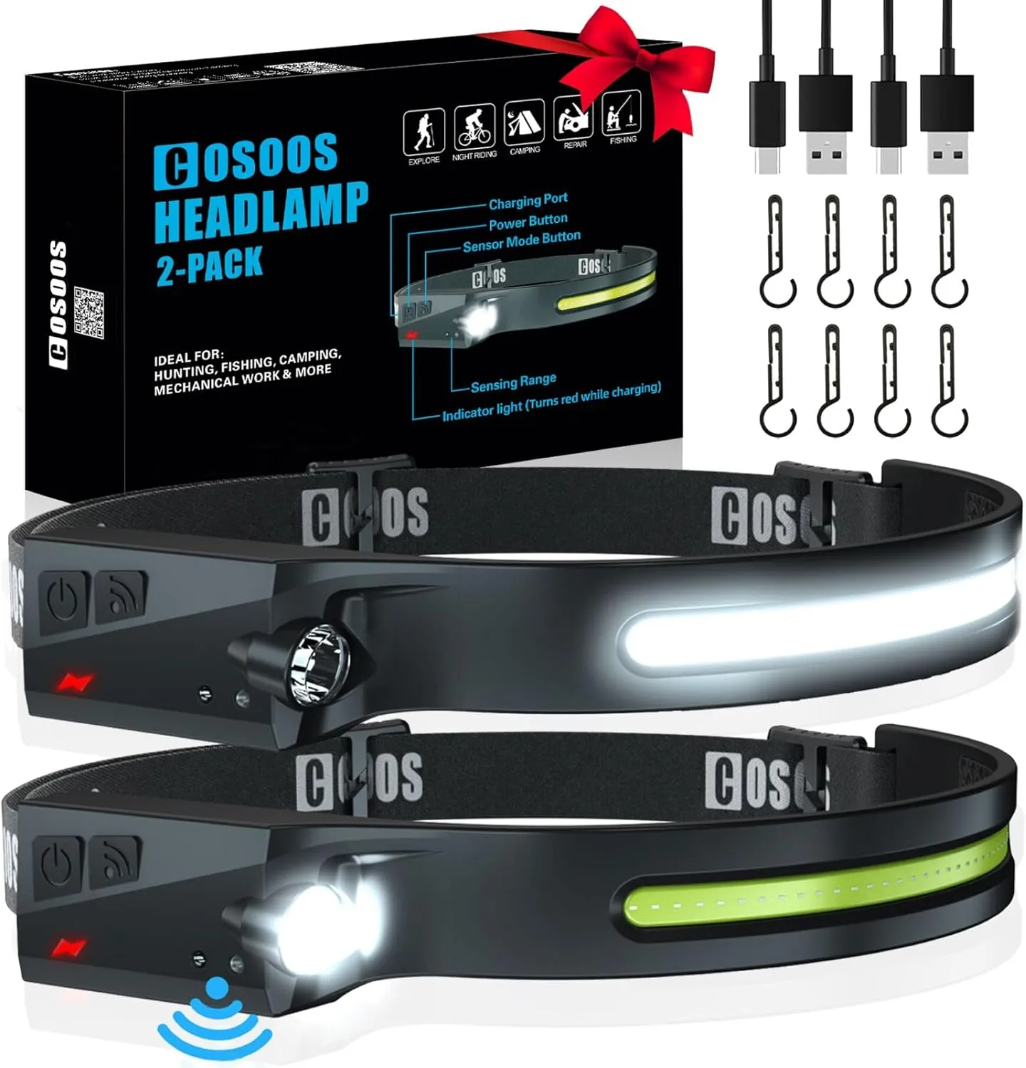 COSOOS Original 2 Rechargeable Headlamps, Bright LED Headlamp Flashlight 1000 Lumen, 230  Wide Beam & Spot Light, Motion Sensor, 2.4 oz Head Lamp with Clips for Hardhat, Camping, Hiking
