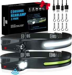 COSOOS Original 2 Rechargeable Headlamps, Bright LED Headlamp Flashlight 1000 Lumen, 230  Wide Beam & Spot Light, Motion Sensor, 2.4 oz Head Lamp with Clips for Hardhat, Camping, Hiking