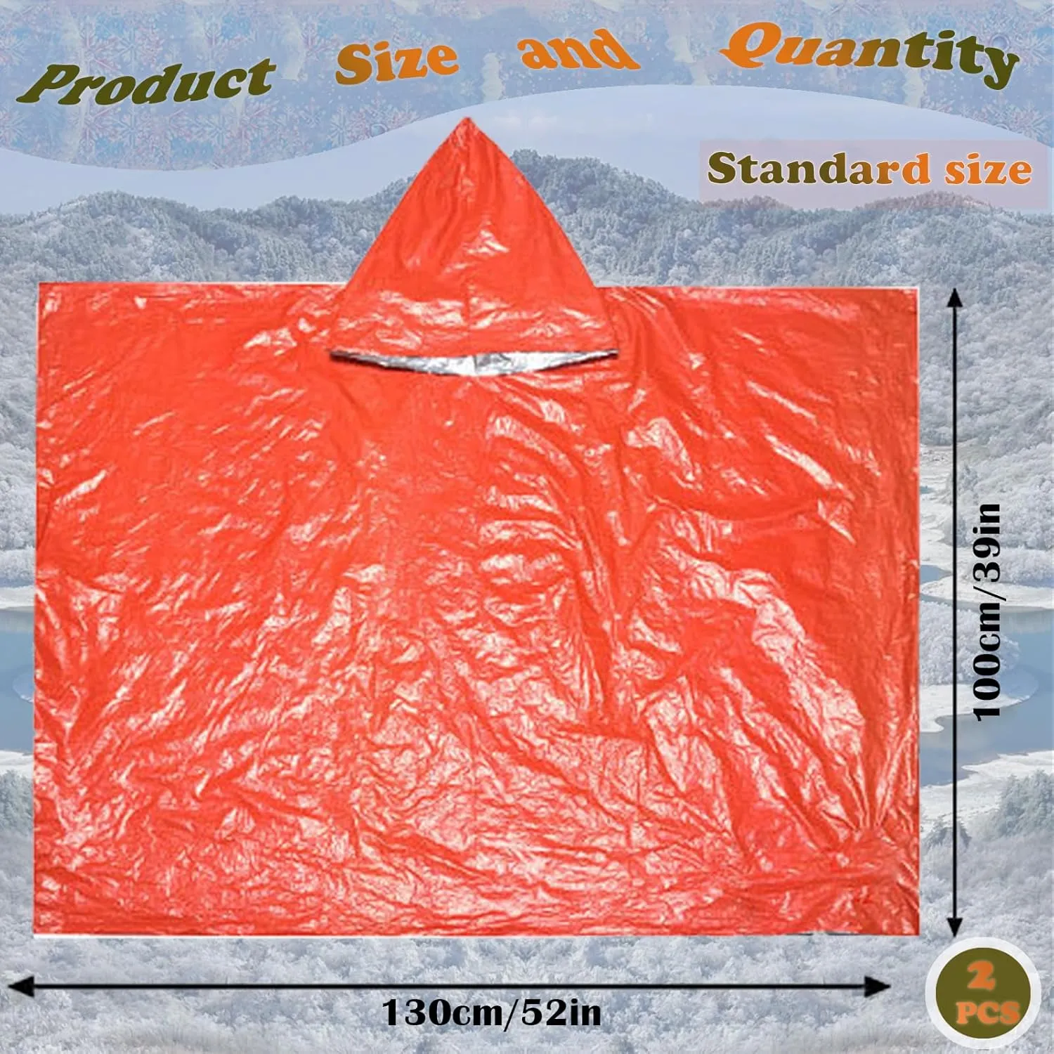 Emergency Survival Poncho, Mylar Liner - Retains 92% Body Heat, Reversible with Hood