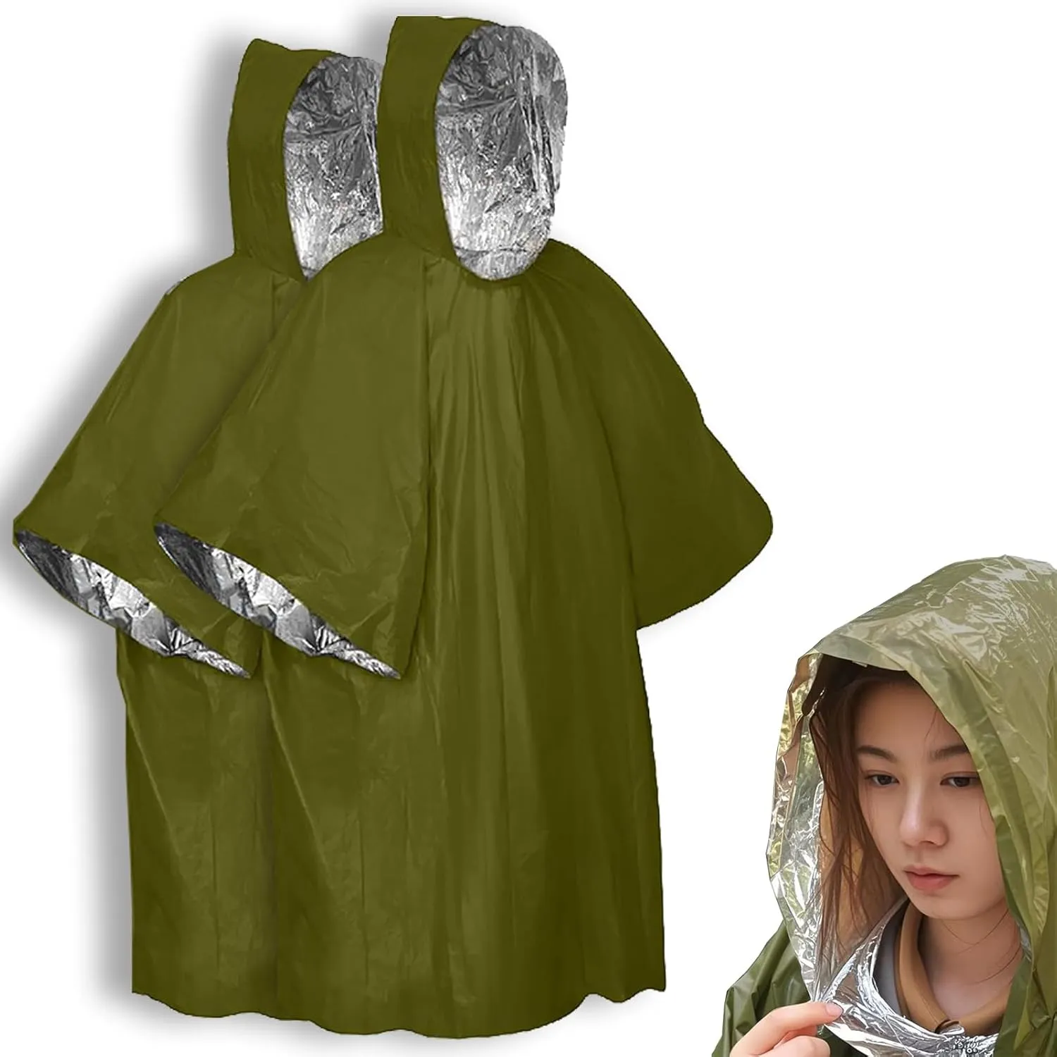 Emergency Survival Poncho, Mylar Liner - Retains 92% Body Heat, Reversible with Hood