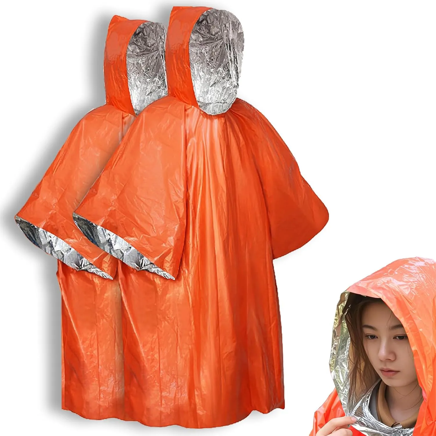 Emergency Survival Poncho, Mylar Liner - Retains 92% Body Heat, Reversible with Hood
