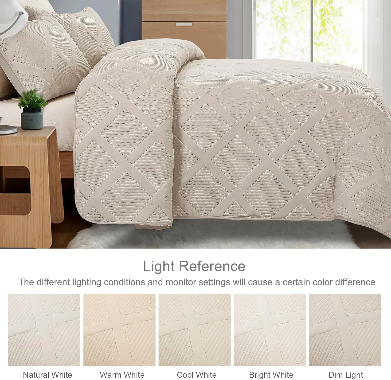 Exclusivo Mezcla Quilt Set Full Queen Size, 3 Pieces Brich Beige Queen Quilt Bedding Set, Lightweight Quilts Soft Bedspreads Modern Striped Coverlets for All Seasons