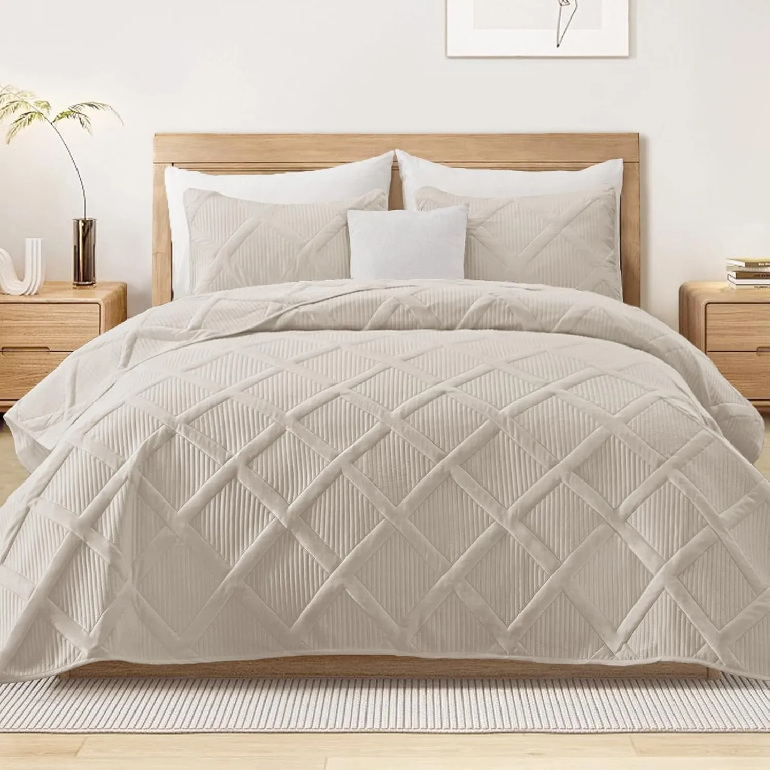 Exclusivo Mezcla Quilt Set Full Queen Size, 3 Pieces Brich Beige Queen Quilt Bedding Set, Lightweight Quilts Soft Bedspreads Modern Striped Coverlets for All Seasons