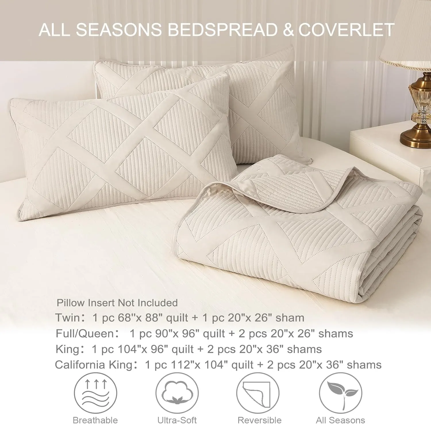 Exclusivo Mezcla Quilt Set Full Queen Size, 3 Pieces Brich Beige Queen Quilt Bedding Set, Lightweight Quilts Soft Bedspreads Modern Striped Coverlets for All Seasons