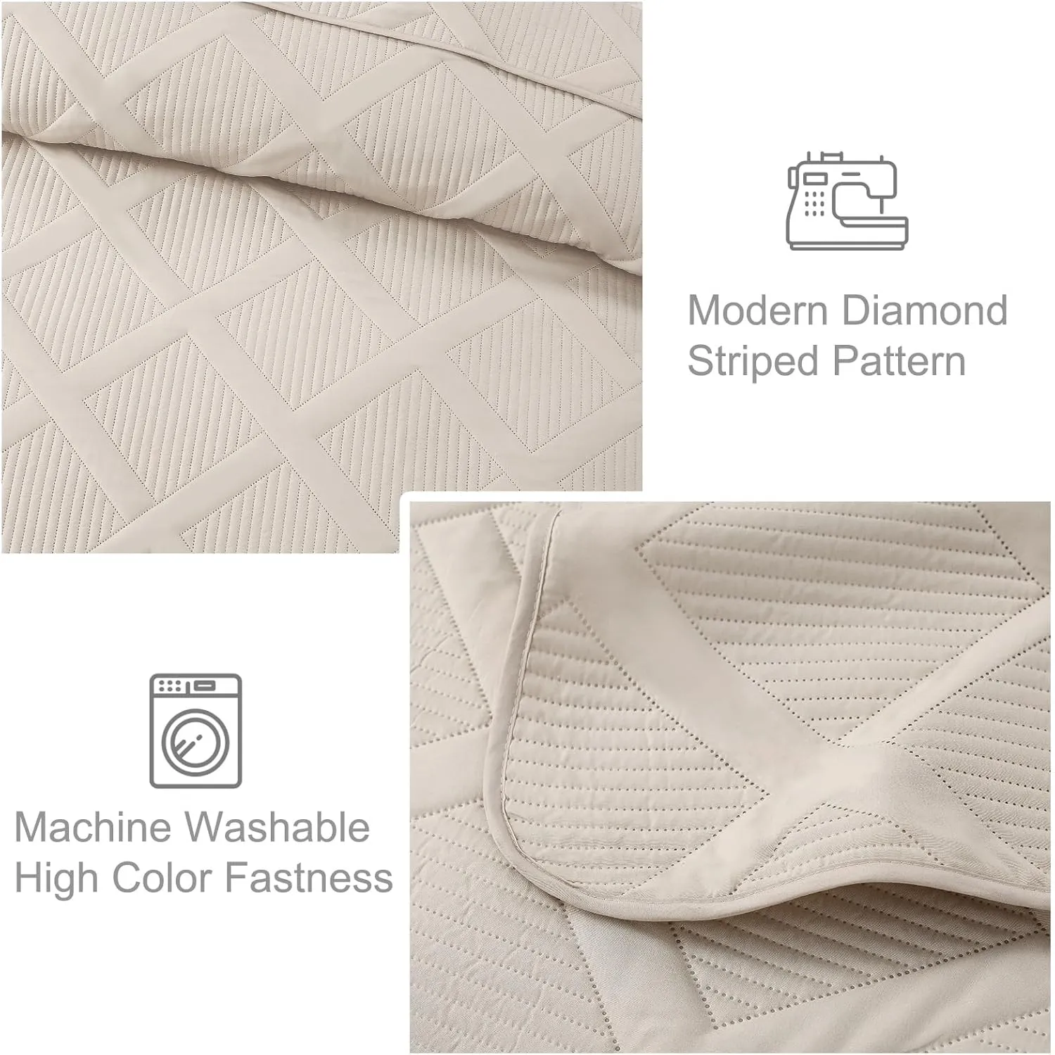Exclusivo Mezcla Quilt Set Full Queen Size, 3 Pieces Brich Beige Queen Quilt Bedding Set, Lightweight Quilts Soft Bedspreads Modern Striped Coverlets for All Seasons