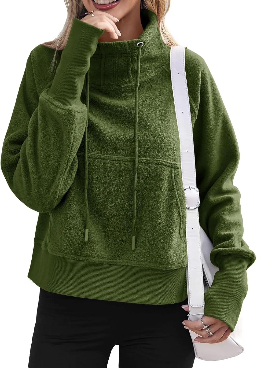 Fisoew Fleece Sweatshirts for Women Sherpa Long Sleeve Turtleneck Winter Pullover Tops Thumb Hole