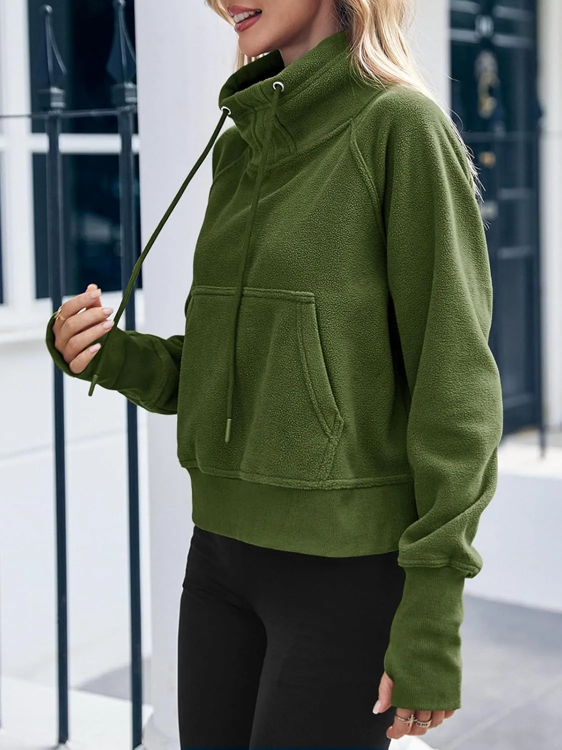 Fisoew Fleece Sweatshirts for Women Sherpa Long Sleeve Turtleneck Winter Pullover Tops Thumb Hole