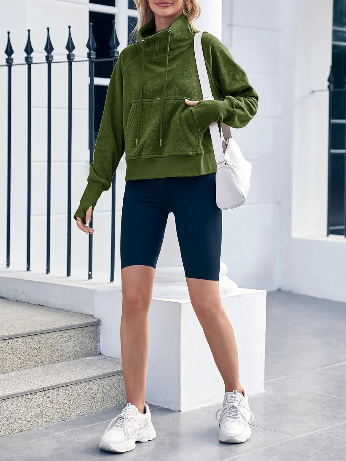 Fisoew Fleece Sweatshirts for Women Sherpa Long Sleeve Turtleneck Winter Pullover Tops Thumb Hole