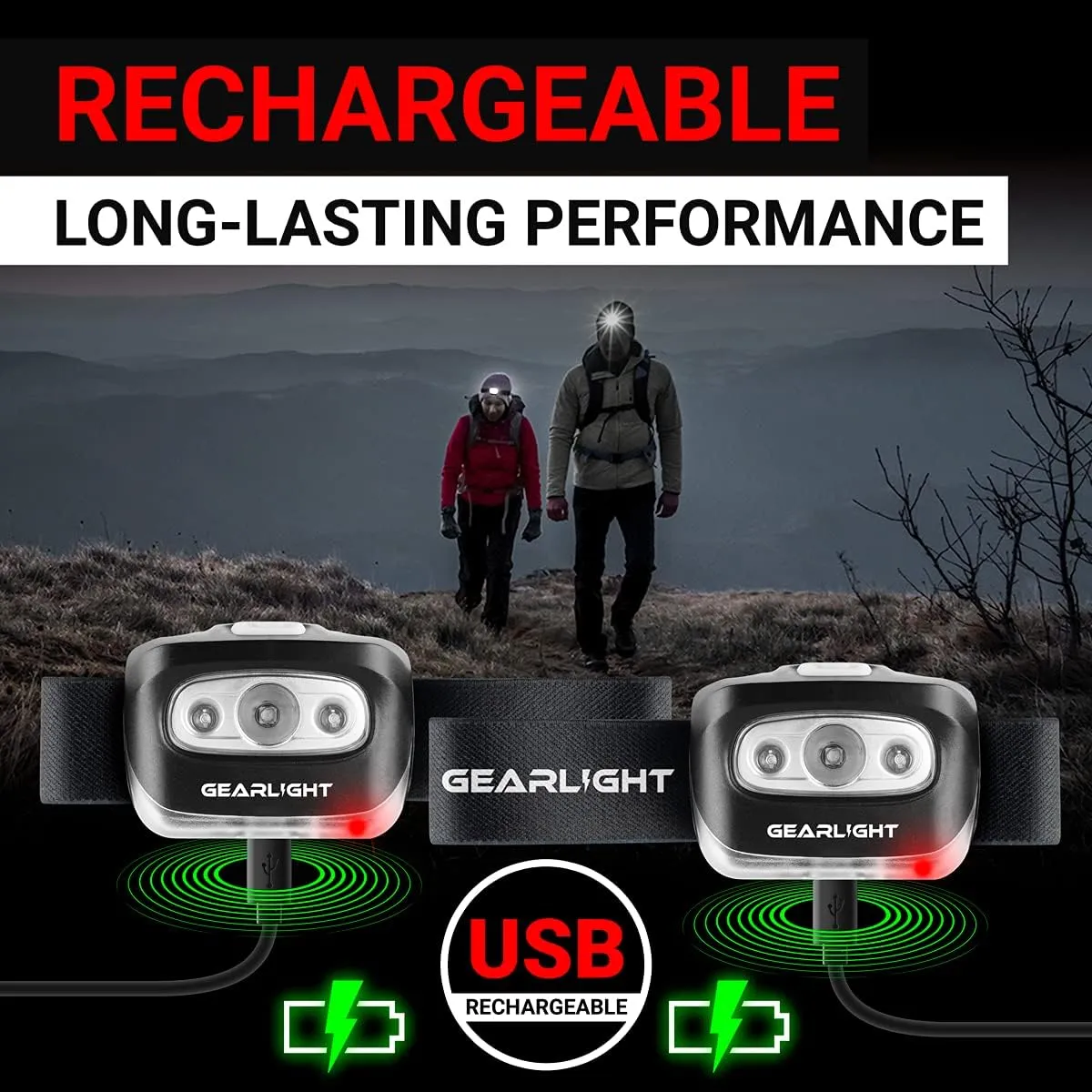 GearLight USB Rechargeable Headlamp Flashlight - S500 Running, Camping, and Outdoor LED Headlight Camping Headlamps - Head Lamp Light for Adults, Kids, Emergency Gear [2 Pack]