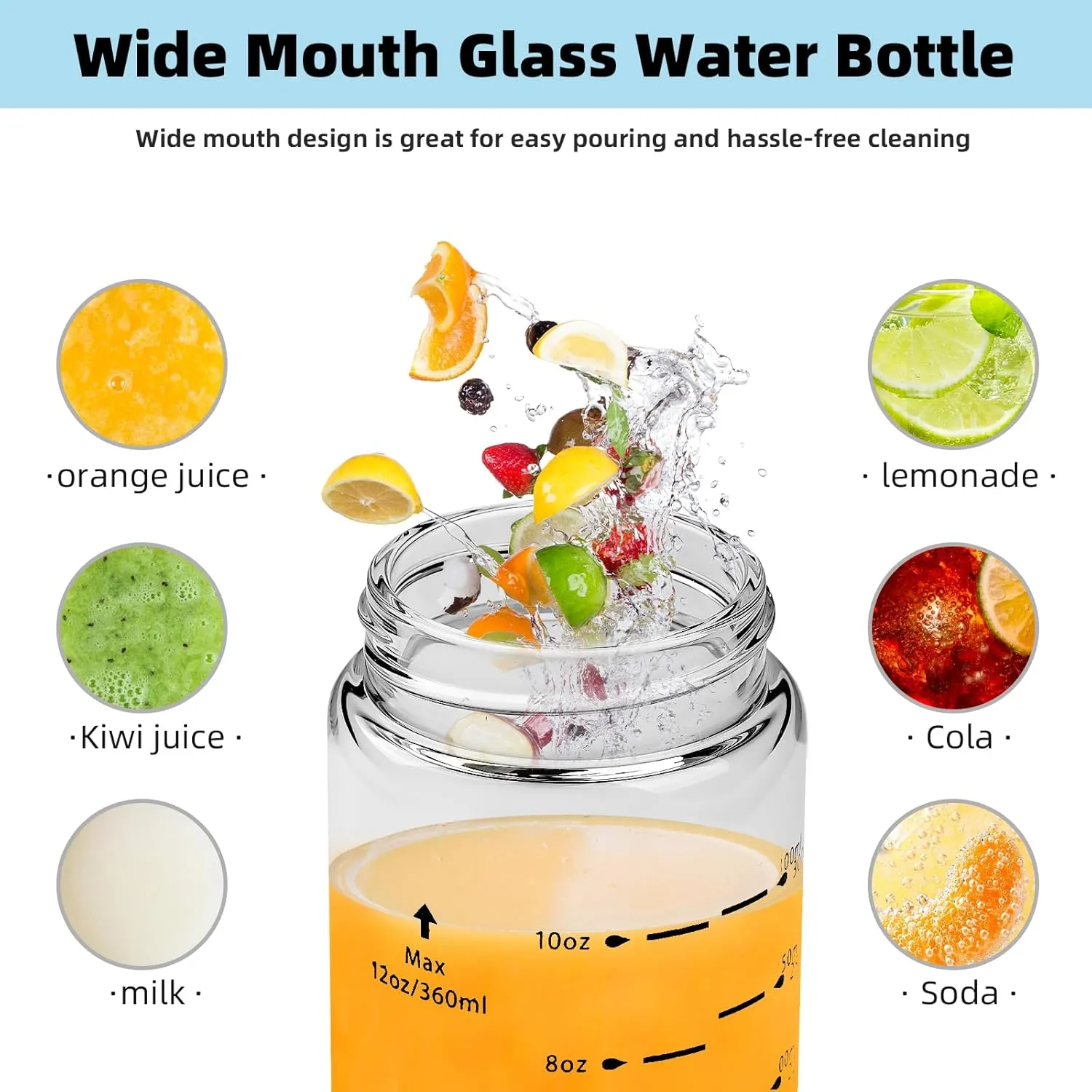 Glass Juice Bottles 6 Pack 10 oz - Wide Mouth Glass Water Bottles with Lids - Borosilicate,Stainless Steel Lids for Juicing, Smoothies, Infused Water, Beverage Storage, Leakproof, Reusable,BPA Free
