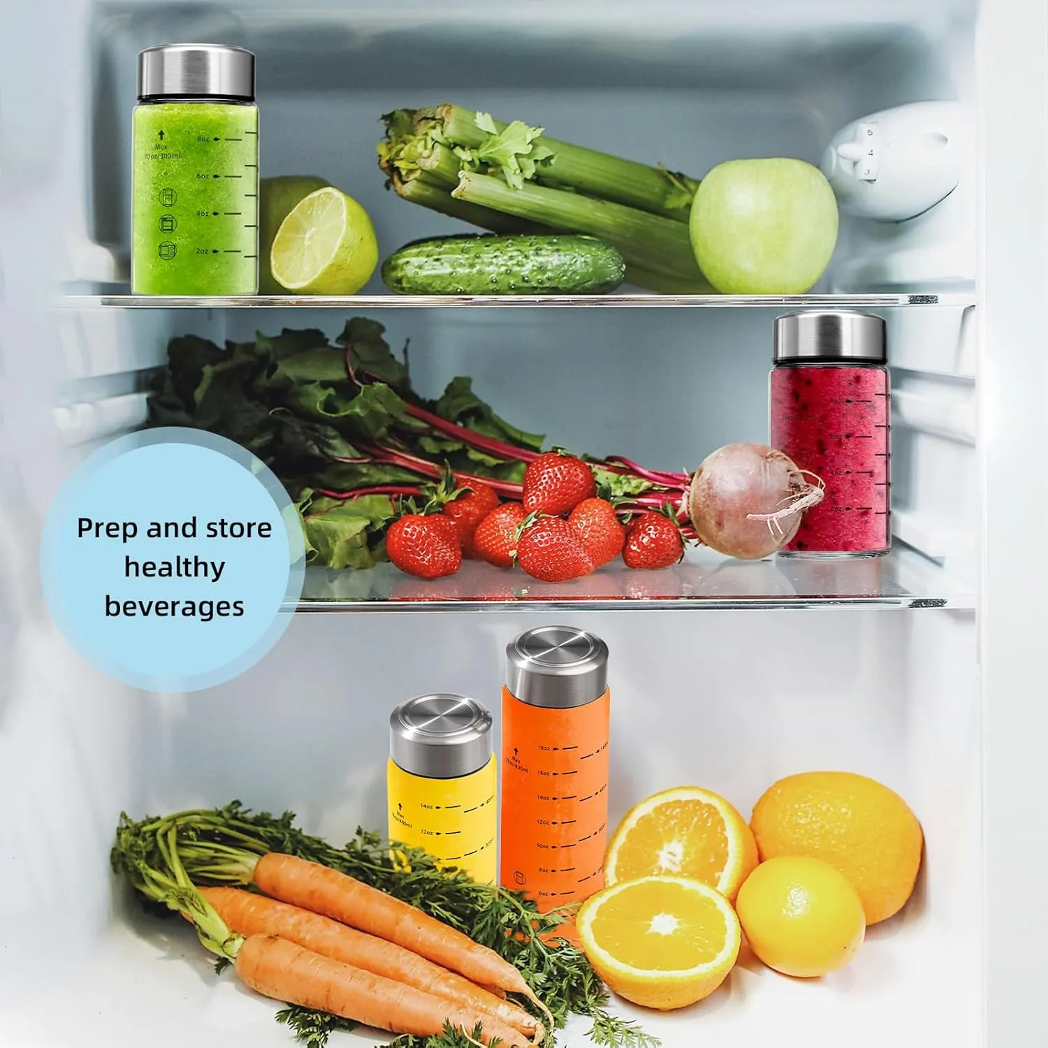 Glass Juice Bottles 6 Pack 10 oz - Wide Mouth Glass Water Bottles with Lids - Borosilicate,Stainless Steel Lids for Juicing, Smoothies, Infused Water, Beverage Storage, Leakproof, Reusable,BPA Free