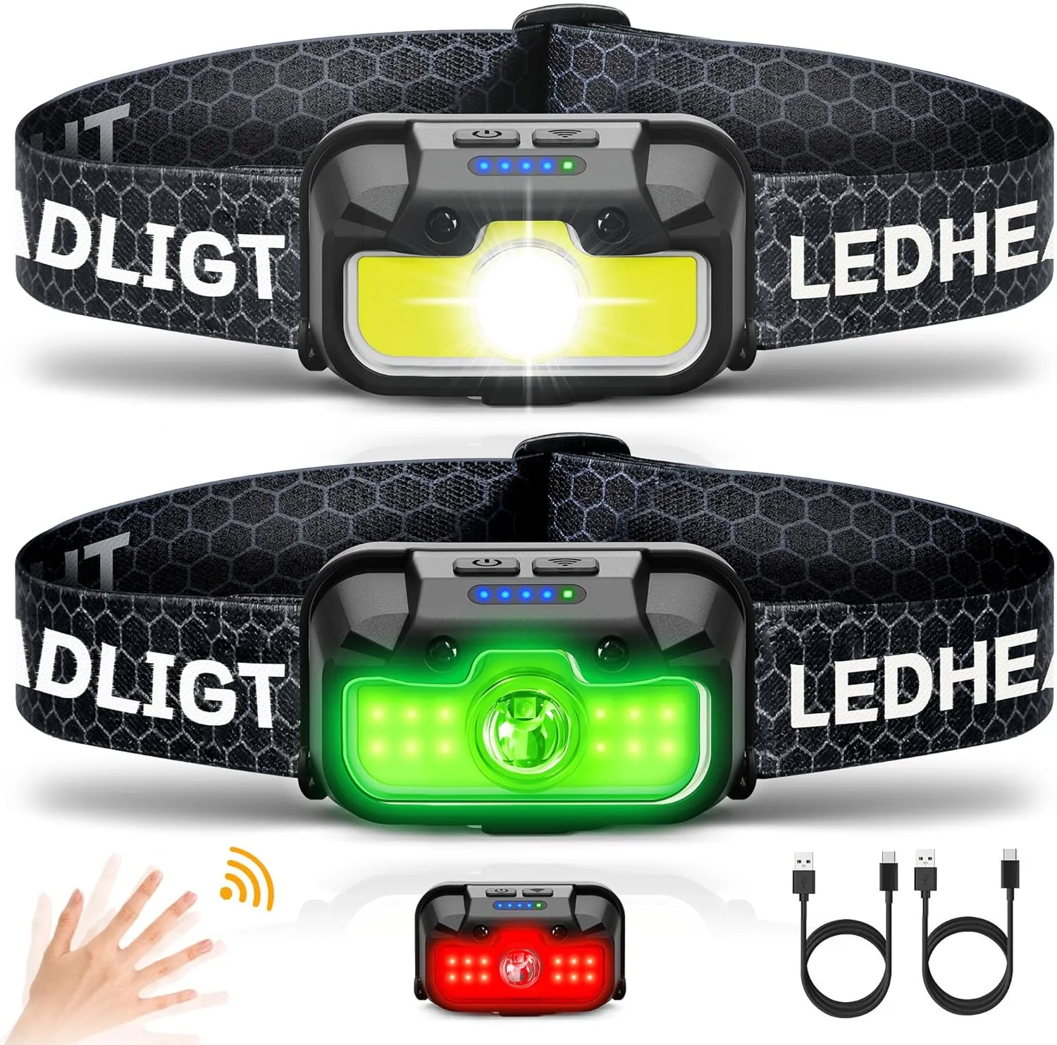 Headlamp Rechargeable, 2 Pack 1300 Lumen Ultra-Light Bright Head Lamp with White Red Green, 14 Modes Adjustable Waterproof Motion Sensor Headlight for Outdoor Camping Running Cycling Hiking
