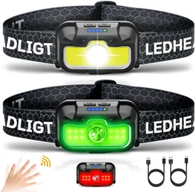 Headlamp Rechargeable, 2 Pack 1300 Lumen Ultra-Light Bright Head Lamp with White Red Green, 14 Modes Adjustable Waterproof Motion Sensor Headlight for Outdoor Camping Running Cycling Hiking