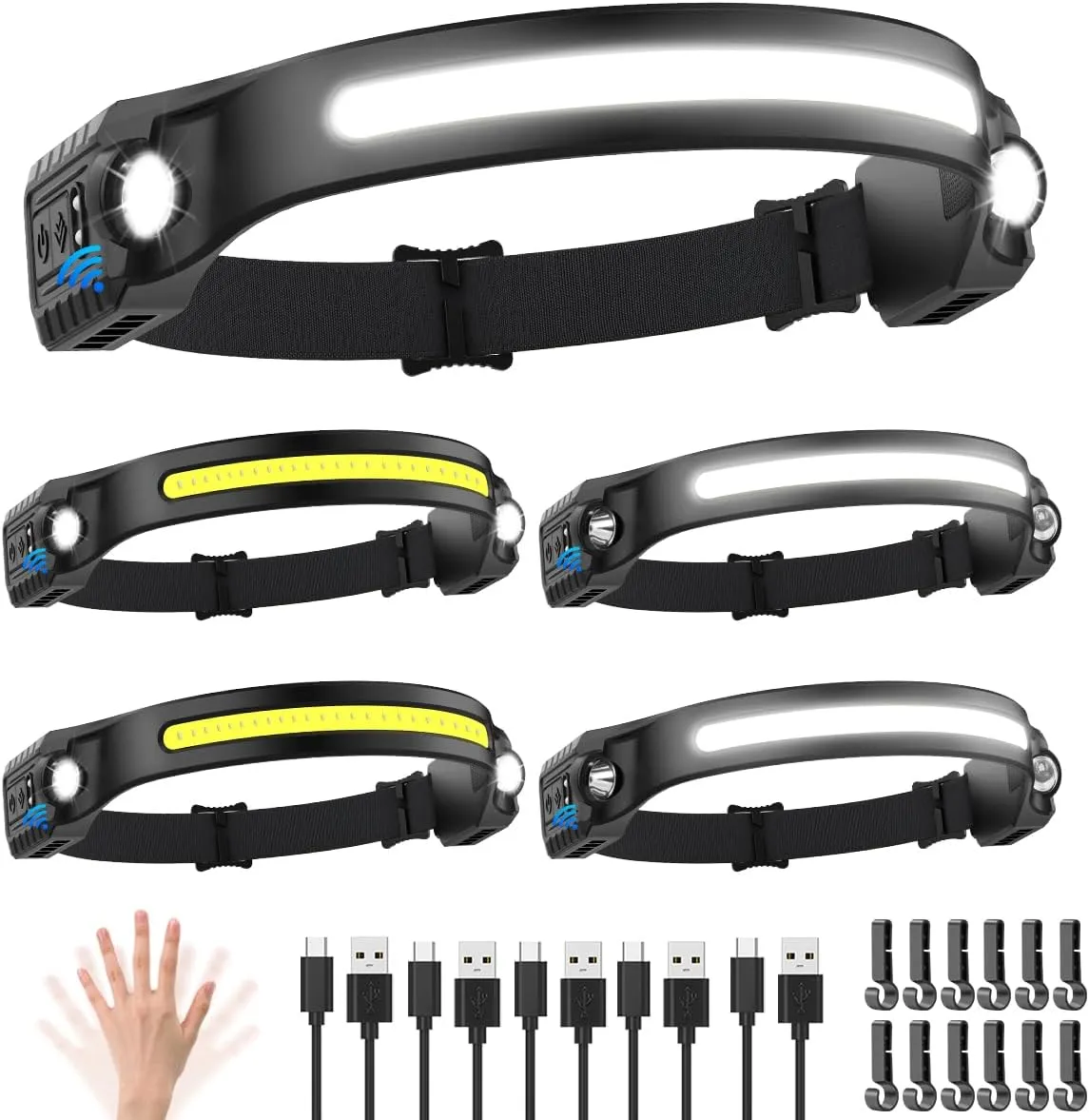Headlamp Rechargeable 5Pack, 230 Wide Beam Head Lamp with 2 Spotlights, LED Headlamp with Motion Sensor, 5Mode Rechargeable Headlamp, Head Lights for Forehead, Headlamps for Adults Running Hard Hat