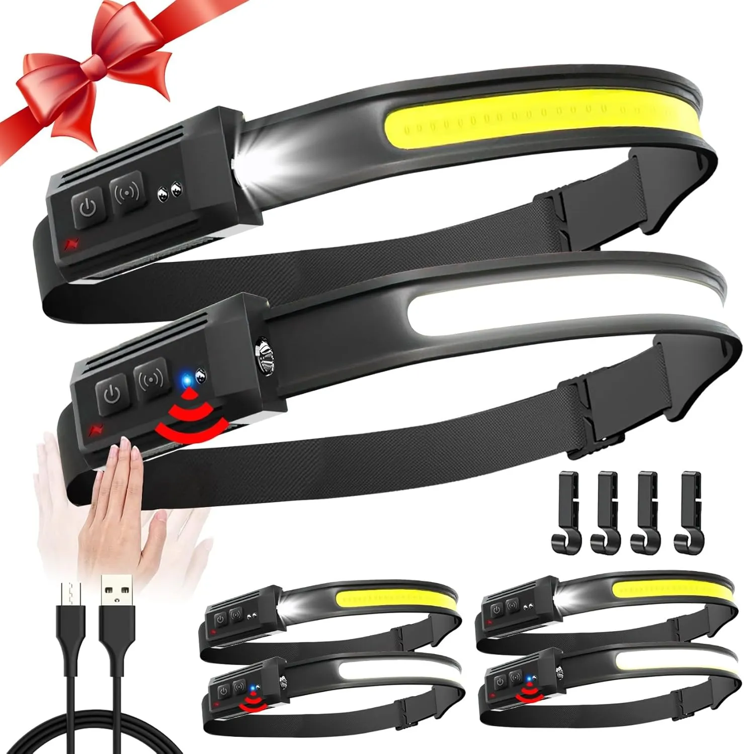 Headlamp Rechargeable 6 Pack, 230 Wide Beam LED Headlamp with 2 Spotlights, Motion Sensor, 5Mode LED Headlamp, Head Lights for Forehead, Headlamps for Adults Running Hard Hat