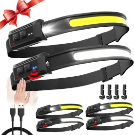 Headlamp Rechargeable 6 Pack, 230 Wide Beam LED Headlamp with 2 Spotlights, Motion Sensor, 5Mode LED Headlamp, Head Lights for Forehead, Headlamps for Adults Running Hard Hat