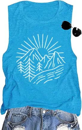 Hiking Mountain Tank Tops for Women Funny Pine Tree Sunrise Graphic Workout Tanks Summer Sleeveless Loose Fit Shirts Tops