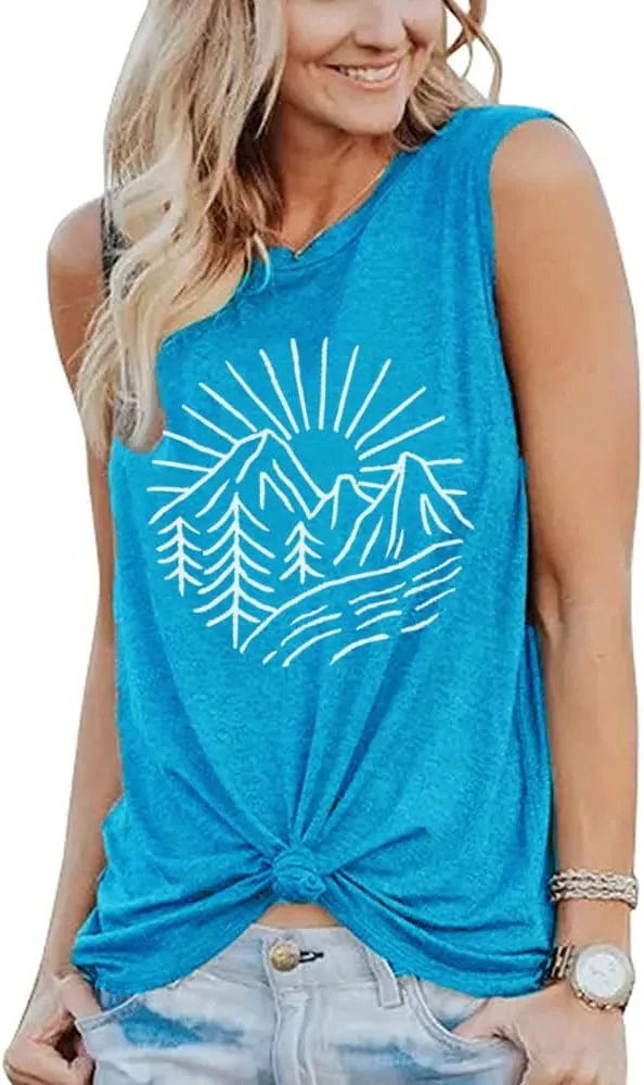 Hiking Mountain Tank Tops for Women Funny Pine Tree Sunrise Graphic Workout Tanks Summer Sleeveless Loose Fit Shirts Tops