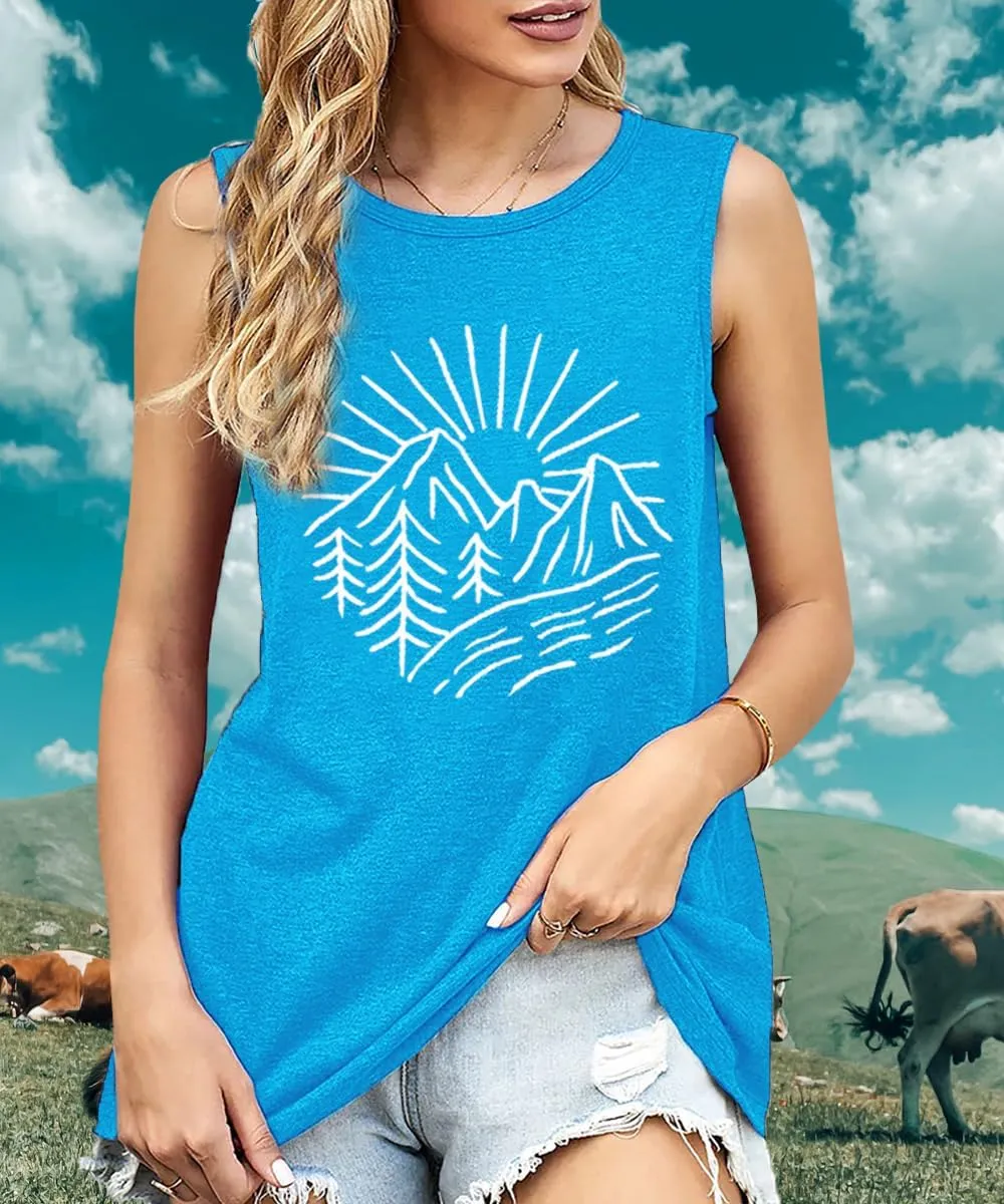 Hiking Mountain Tank Tops for Women Funny Pine Tree Sunrise Graphic Workout Tanks Summer Sleeveless Loose Fit Shirts Tops