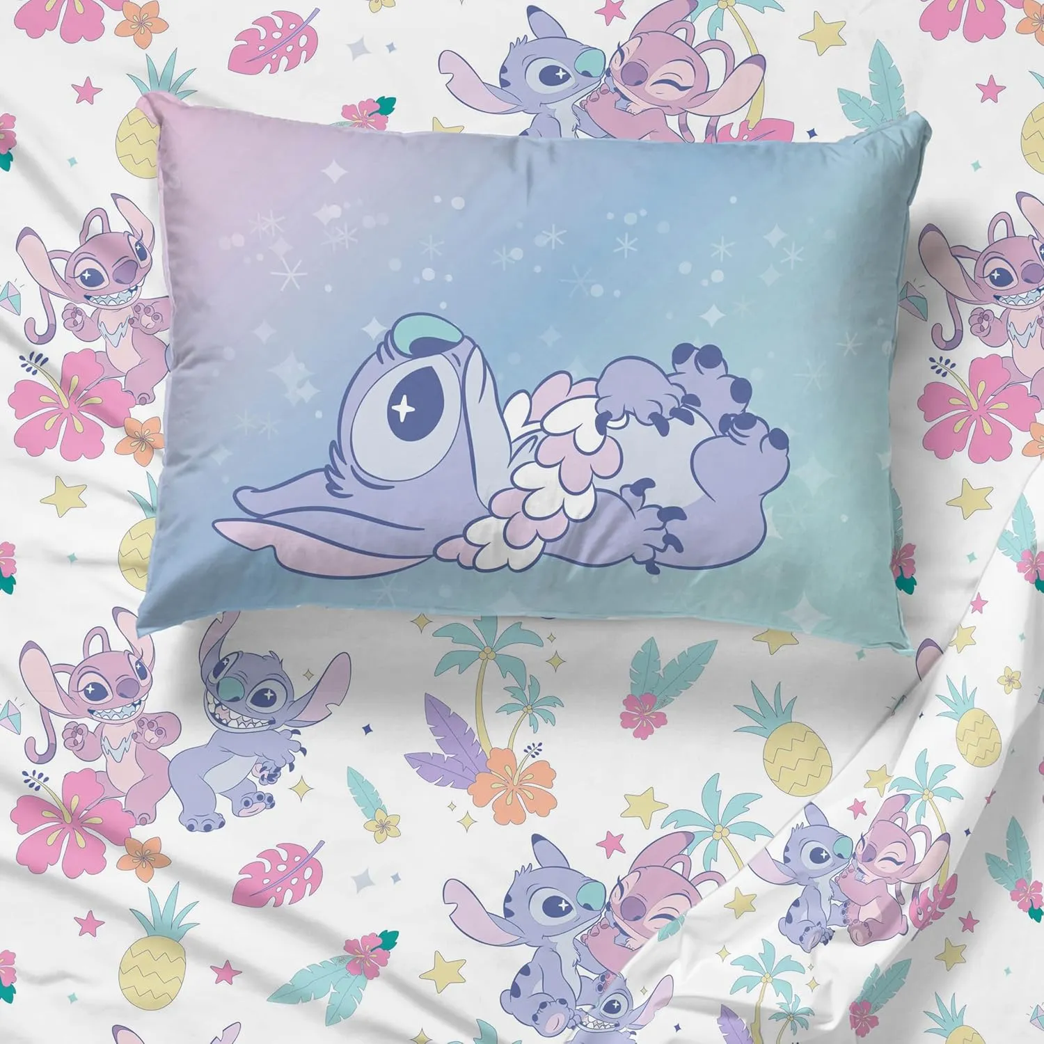 Jay Franco Disney Lilo and Stitch Full Size Sheet Set - Super Soft Kids 4 Piece Floral Bedding Set Features Angel - Microfiber Sheets Includes Reversible Pillow Covers
