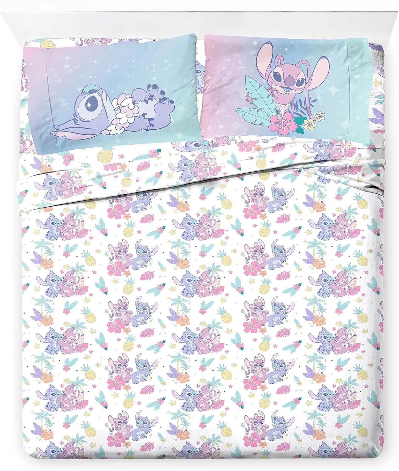 Jay Franco Disney Lilo and Stitch Full Size Sheet Set - Super Soft Kids 4 Piece Floral Bedding Set Features Angel - Microfiber Sheets Includes Reversible Pillow Covers