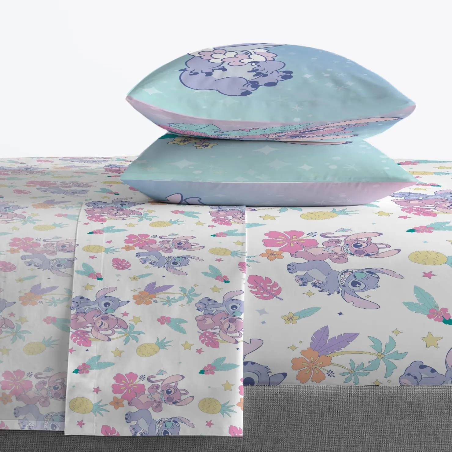 Jay Franco Disney Lilo and Stitch Full Size Sheet Set - Super Soft Kids 4 Piece Floral Bedding Set Features Angel - Microfiber Sheets Includes Reversible Pillow Covers