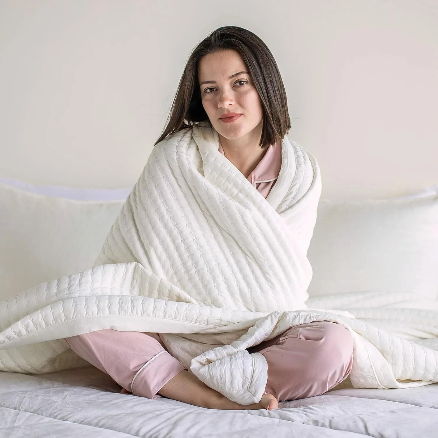 KASENTEX Quilt-Bedding-Coverlet-Blanket-Set, Machine Washable, Ultra Soft, Lightweight, Stone-Washed, Detailed Stitching - Solid Color (Ivory, Oversized King   2 King Shams)