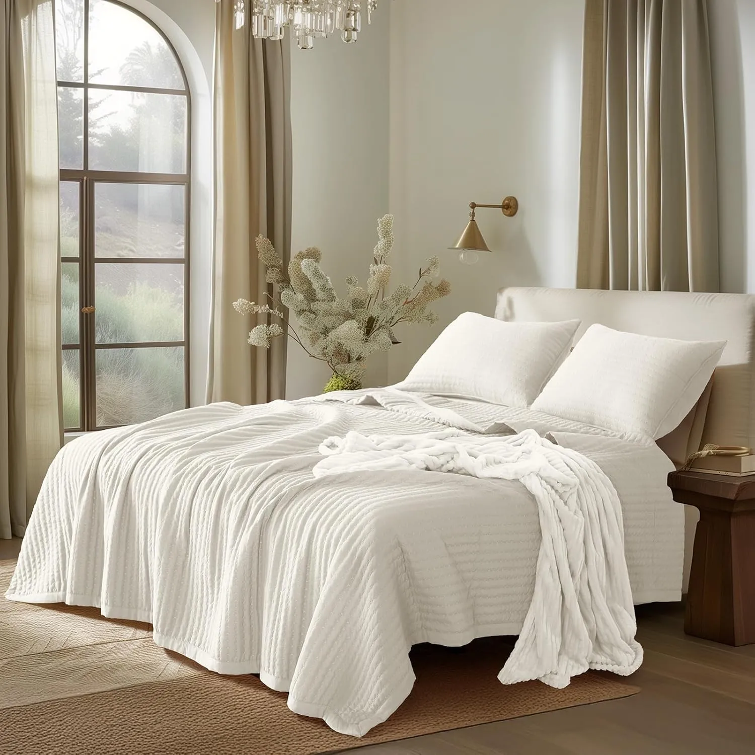 KASENTEX Quilt-Bedding-Coverlet-Blanket-Set, Machine Washable, Ultra Soft, Lightweight, Stone-Washed, Detailed Stitching - Solid Color (Ivory, Oversized King   2 King Shams)