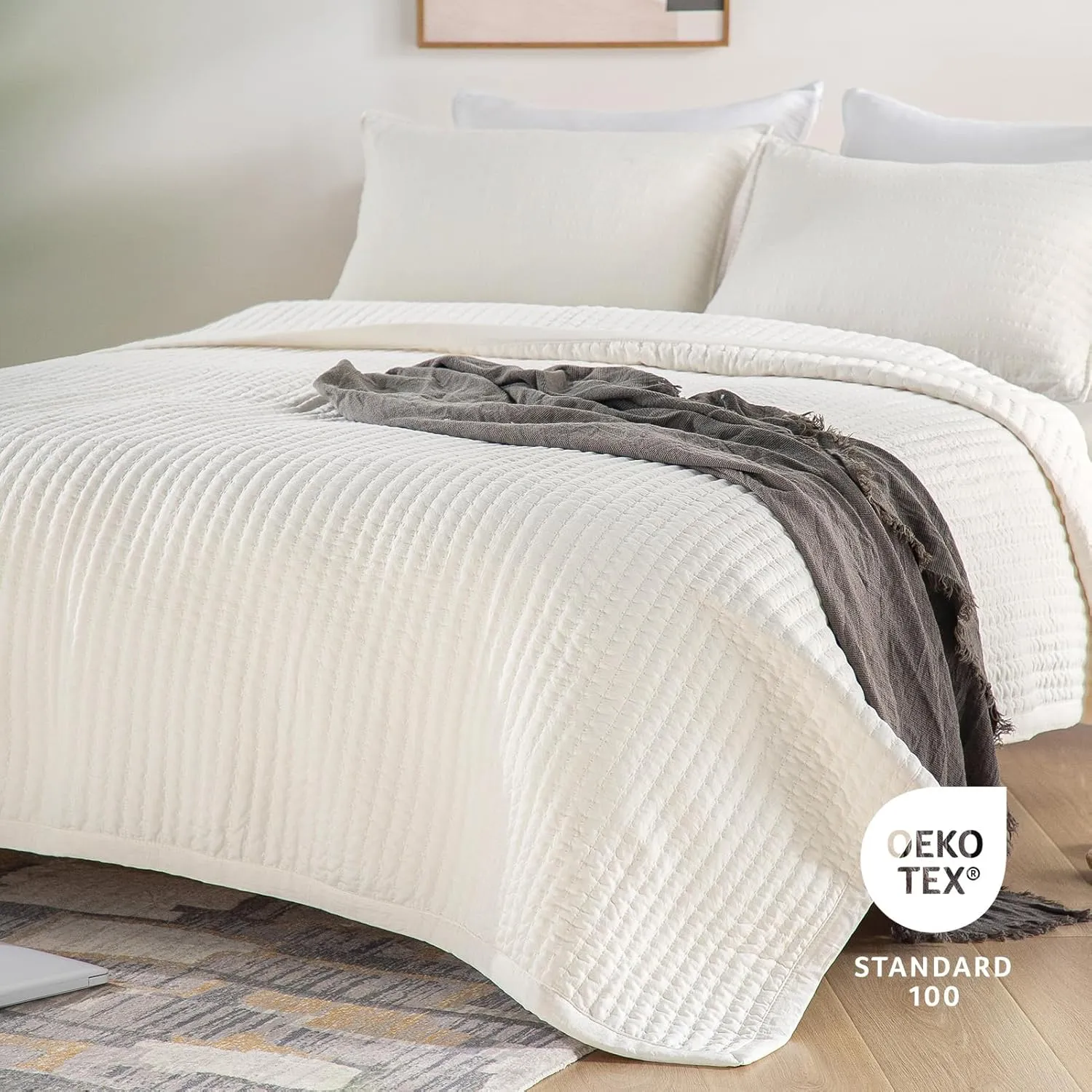 KASENTEX Quilt-Bedding-Coverlet-Blanket-Set, Machine Washable, Ultra Soft, Lightweight, Stone-Washed, Detailed Stitching - Solid Color (Ivory, Oversized King   2 King Shams)