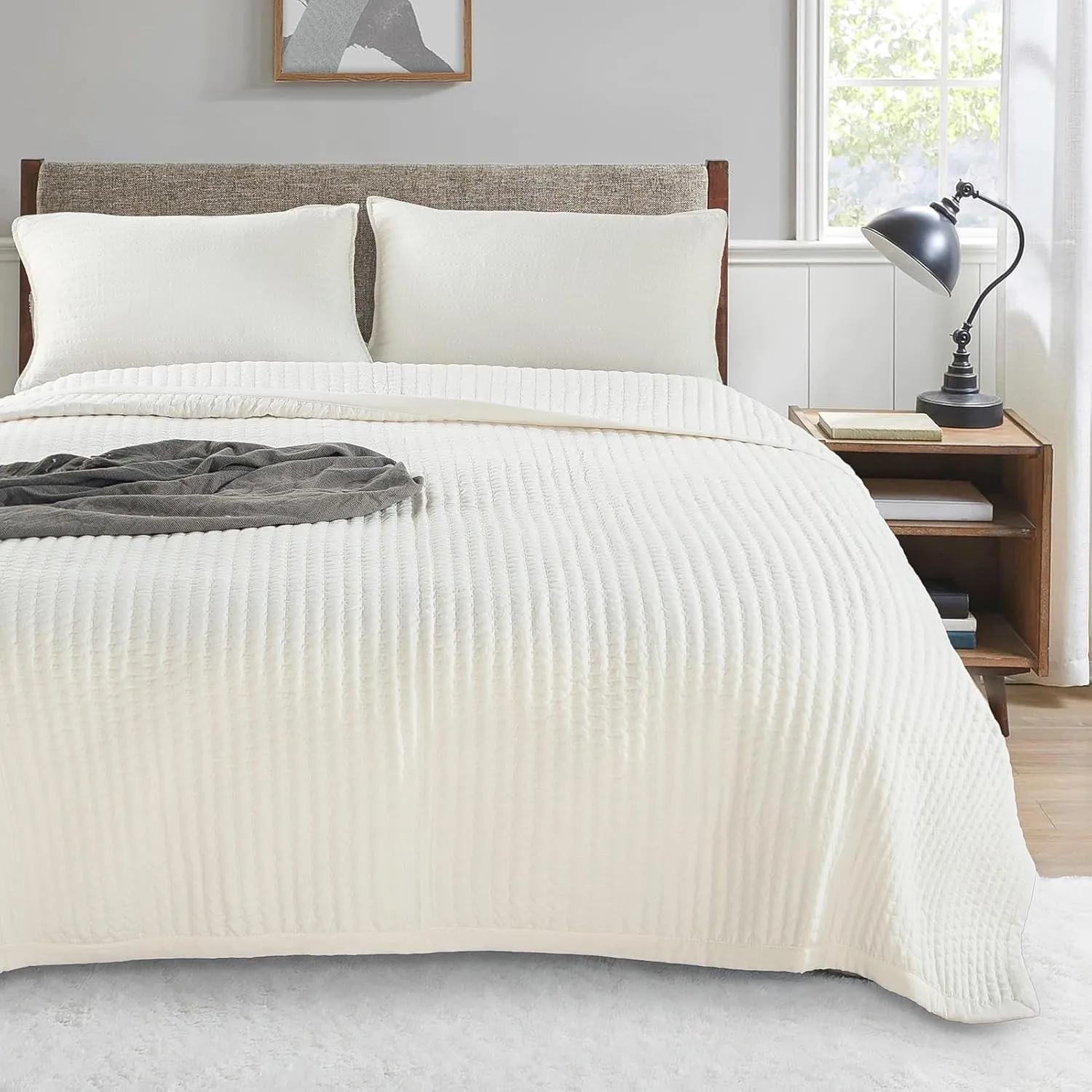 KASENTEX Quilt-Bedding-Coverlet-Blanket-Set, Machine Washable, Ultra Soft, Lightweight, Stone-Washed, Detailed Stitching - Solid Color (Ivory, Oversized King   2 King Shams)