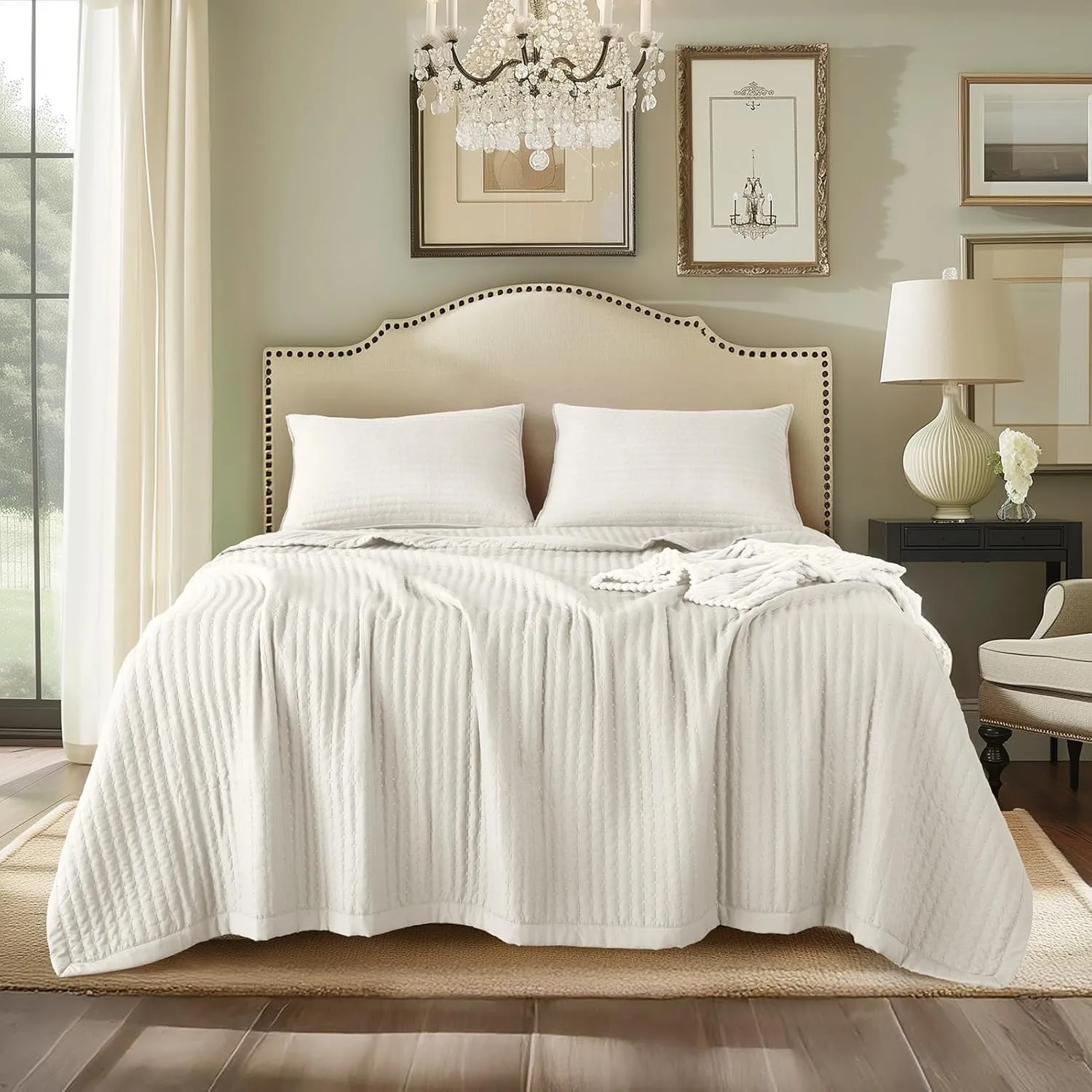 KASENTEX Quilt-Bedding-Coverlet-Blanket-Set, Machine Washable, Ultra Soft, Lightweight, Stone-Washed, Detailed Stitching - Solid Color (Ivory, Oversized King   2 King Shams)