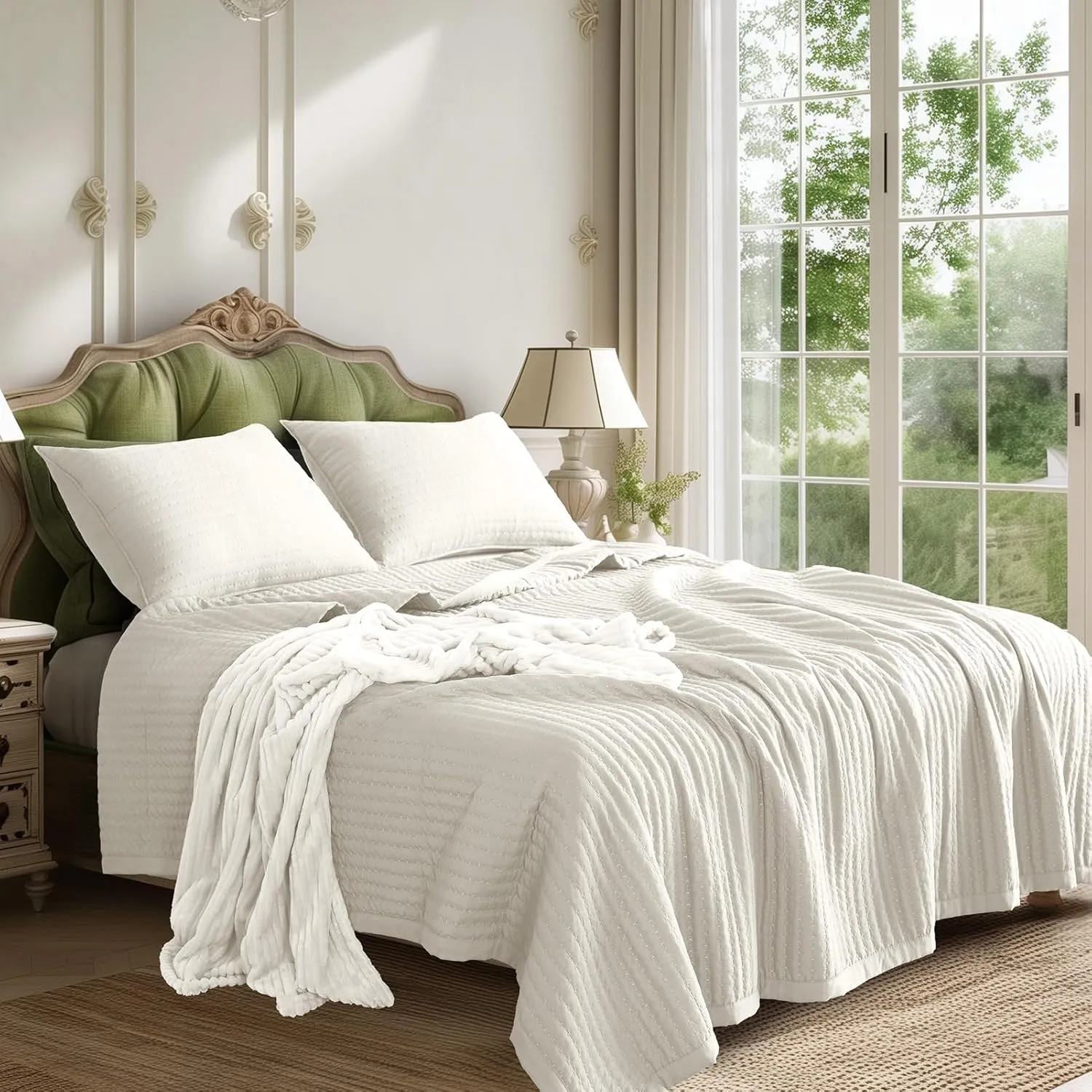 KASENTEX Quilt-Bedding-Coverlet-Blanket-Set, Machine Washable, Ultra Soft, Lightweight, Stone-Washed, Detailed Stitching - Solid Color (Ivory, Oversized King   2 King Shams)