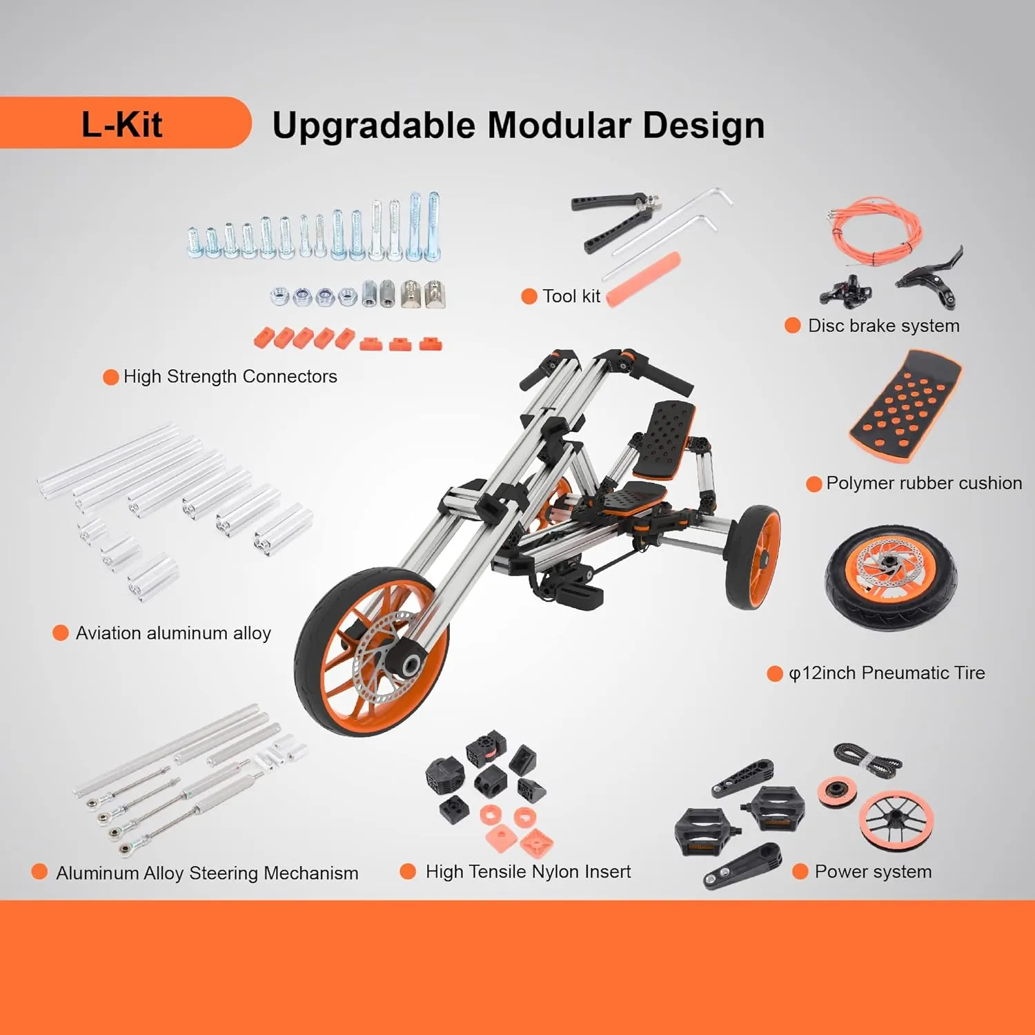 KIDROCK Pedal Go Kart Buildable Kit for 60 Contraption Children Rides Go Cart (Two Wheel Bike, Three Wheel Bike, Stand Scooter, etc.) Large KIT Gift for 4-14 Years Old