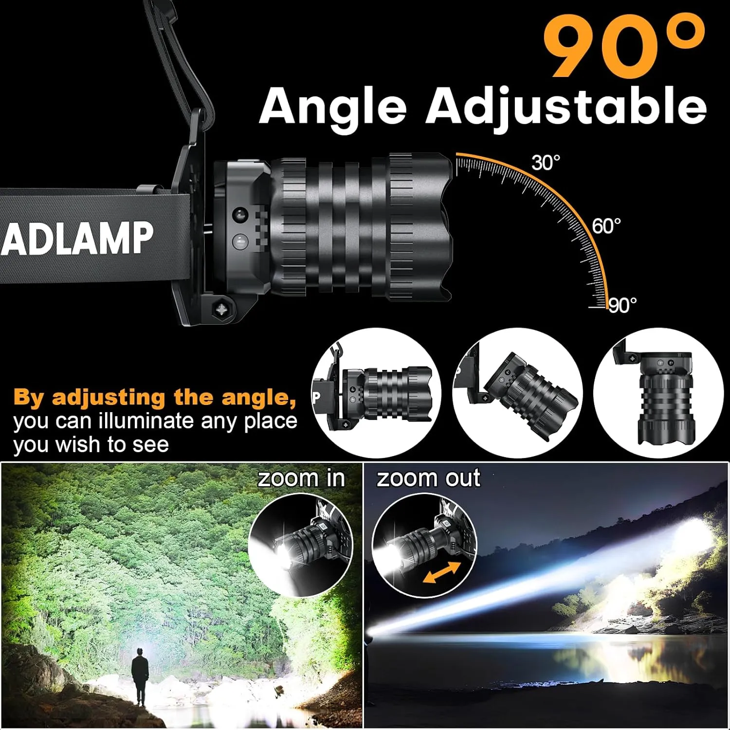 LED Rechargeable Headlamp, Head Lamp Super Bright with 9 Modes & IPX6 Waterproof Zoomable Head Lights for Forehead, 90 Adjustable Headlamps for Camping Hiking Hunting Fishing Car Repair
