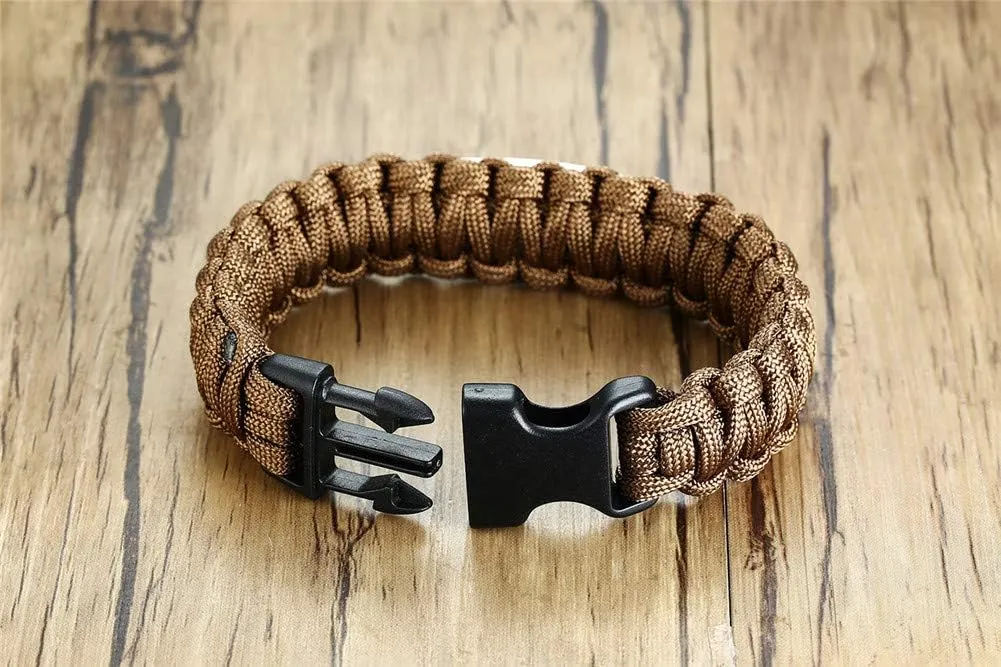 LF Mens Stainless Steel Free Engraving Customized Medical Alert Outdoor Brown Rope Paracord Survival Medical ID Bracelet Sos Emergency Cuff Bracelets for Adult Hiking Camping Hunting Activities