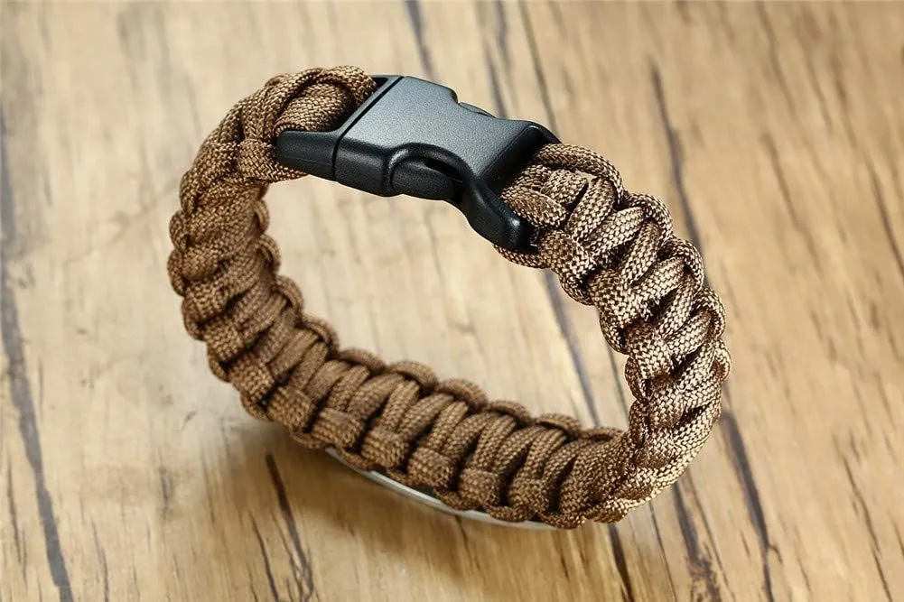 LF Mens Stainless Steel Free Engraving Customized Medical Alert Outdoor Brown Rope Paracord Survival Medical ID Bracelet Sos Emergency Cuff Bracelets for Adult Hiking Camping Hunting Activities