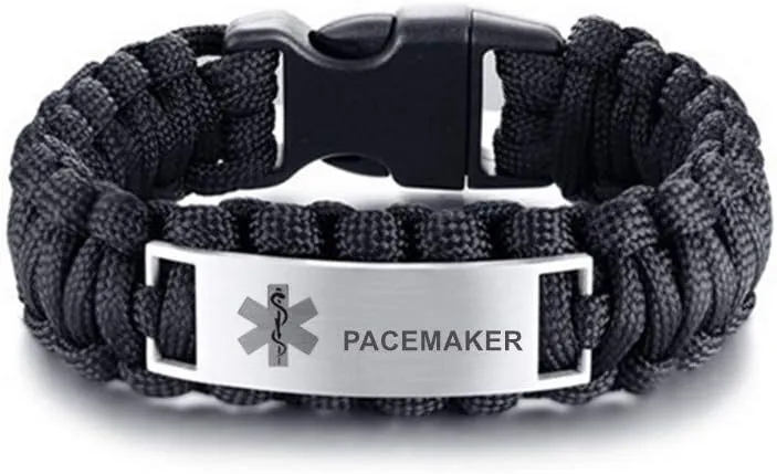LF Mens Stainless Steel PACEMAKER Medical Alert Outdoor Black Rope Paracord Survival Medical ID Bracelet Sos Emergency Cuff Bracelets for Adult Hiking Camping Hunting Activities