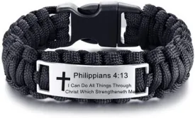 LF Mens Stainless Steel Philippians 4 13 Bible Verse Outdoor Black Rope Paracord Survival Bracelet,Christ Cross Bible Quote Scripture Cuff Bracelets for Adult Hiking Camping Hunting Activities